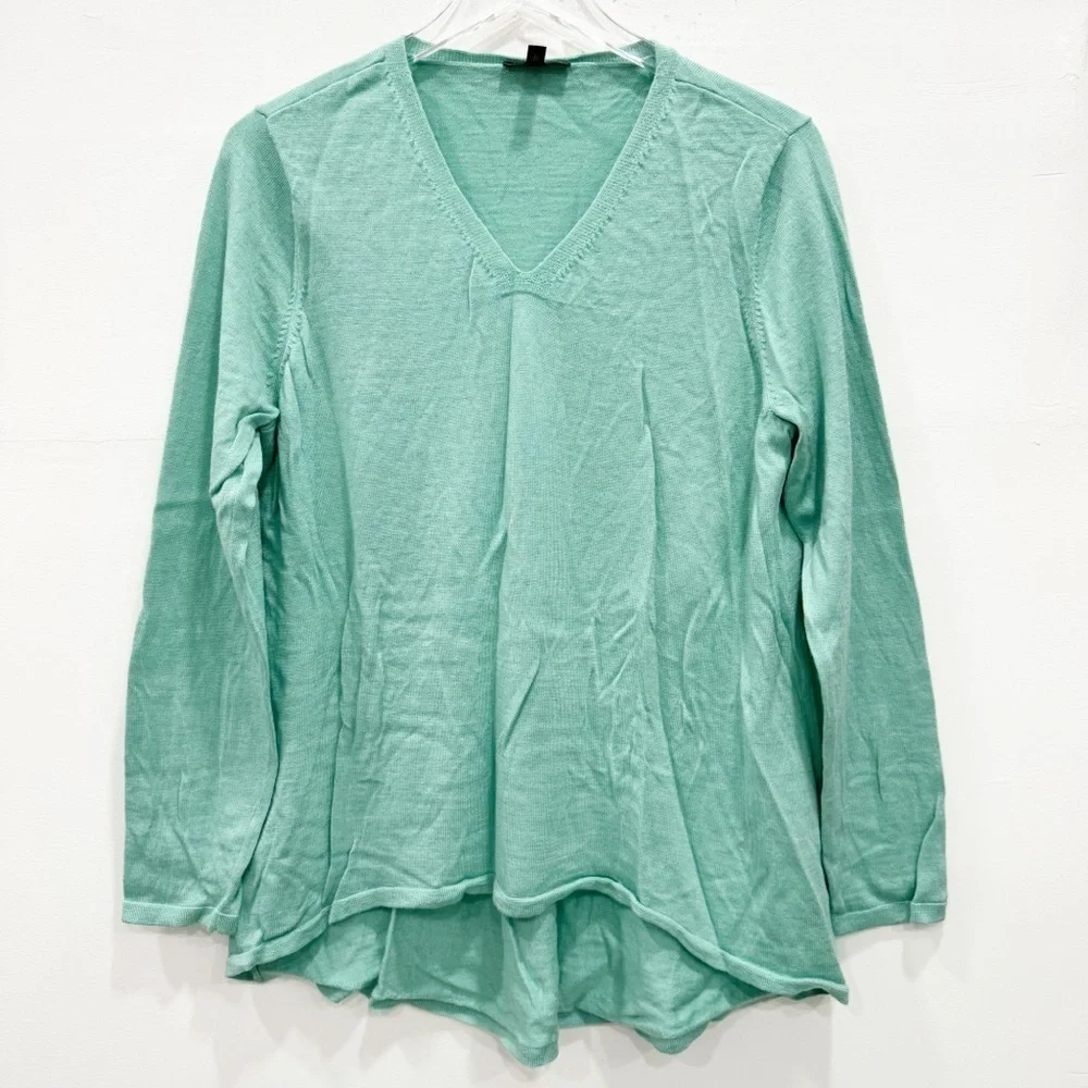 Eileen Fisher Italian Yarn Fine Knit Long Sleeve Tunic Sweater Large Green